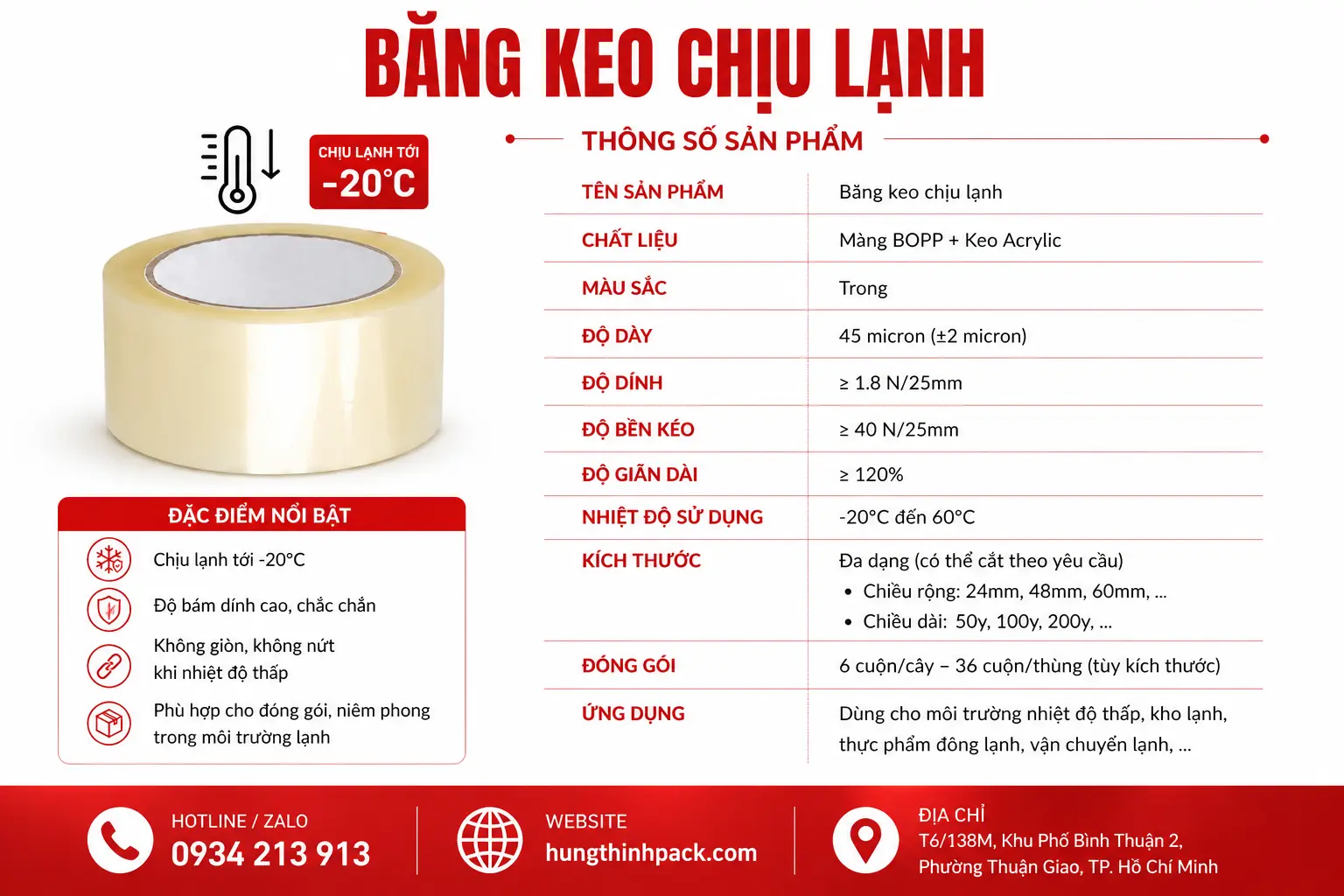 Bảng thông số kỹ thuật băng keo chịu lạnh dùng trong kho đông lạnh và môi trường nhiệt độ thấp tại Hưng Thịnh Pack