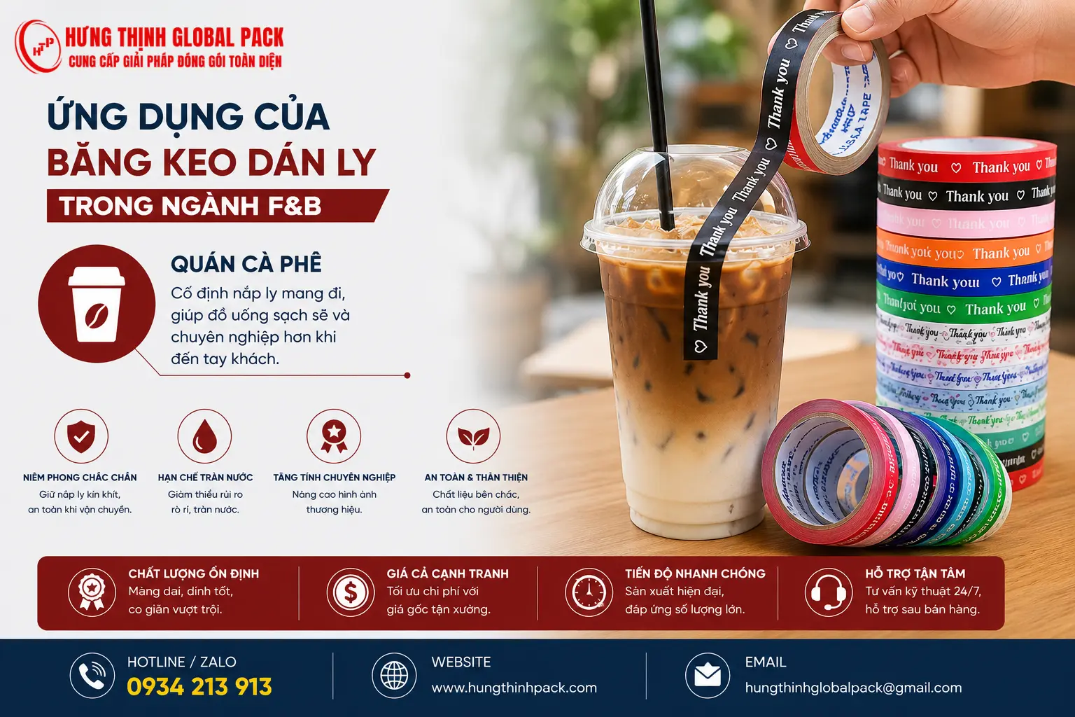 Băng keo dán ly cà phê mang đi giúp cố định nắp ly chắc chắn, hạn chế tràn nước và tăng tính chuyên nghiệp khi giao khách.