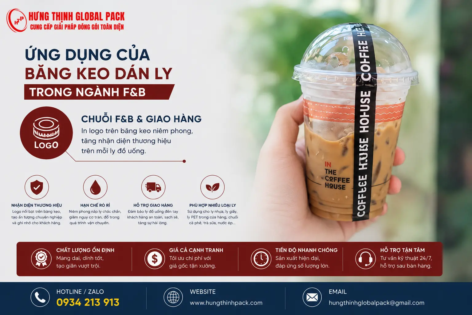 Băng keo dán ly in logo cho chuỗi F&B và giao hàng, giúp niêm phong nắp ly chắc chắn, hạn chế rò rỉ và tăng nhận diện thương hiệu.