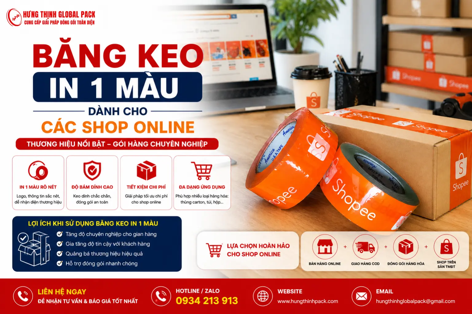 Băng keo in 1 màu logo Shopee màu cam nổi bật giúp các shop online đóng gói đơn hàng chuyên nghiệp