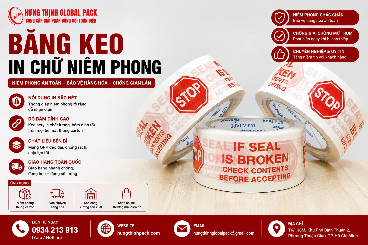 Băng keo in chữ niêm phong chống mở thùng carton với nội dung cảnh báo rõ nét tại Hưng Thịnh Global Pack.