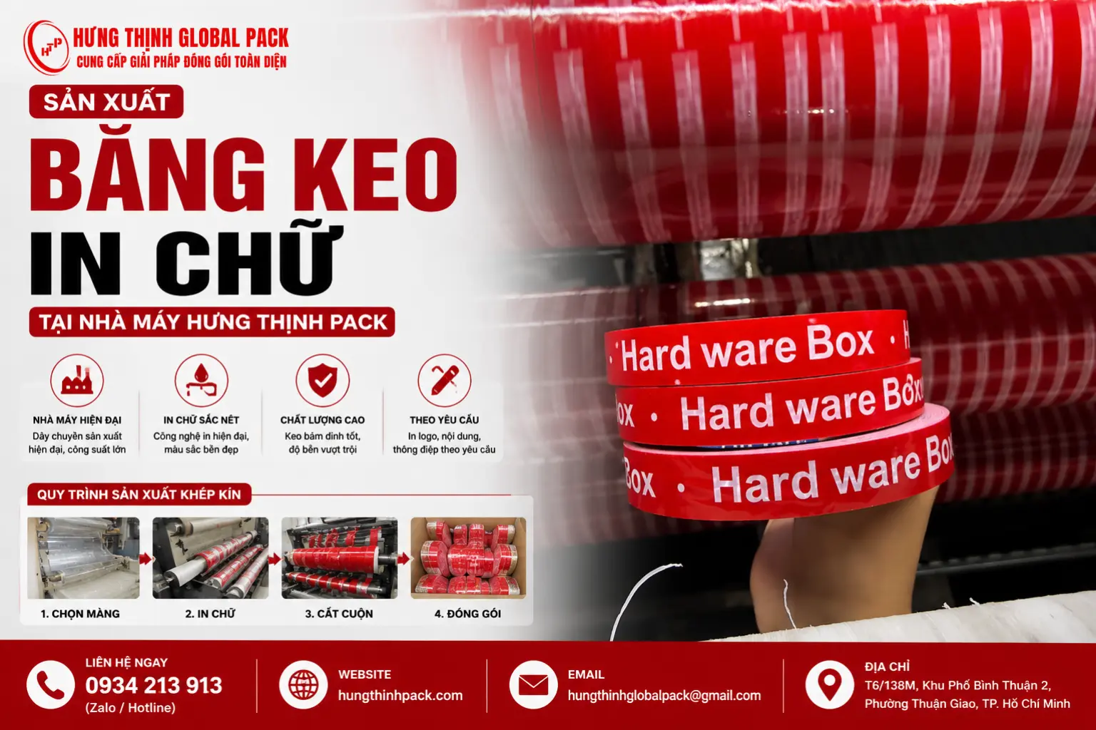 Sản xuất băng keo in chữ tại nhà máy Hưng Thịnh Pack với công nghệ in sắc nét và băng keo màu đỏ nổi bật.