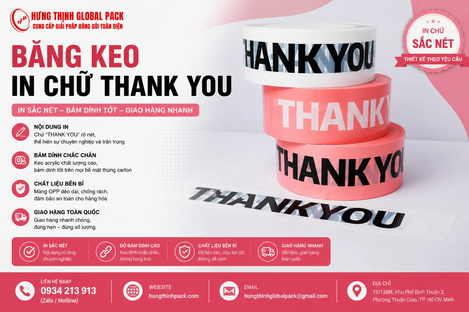 Băng keo in chữ THANK YOU màu hồng và trắng dùng dán thùng carton, đóng gói hàng hóa chuyên nghiệp tại Hưng Thịnh Global Pack.