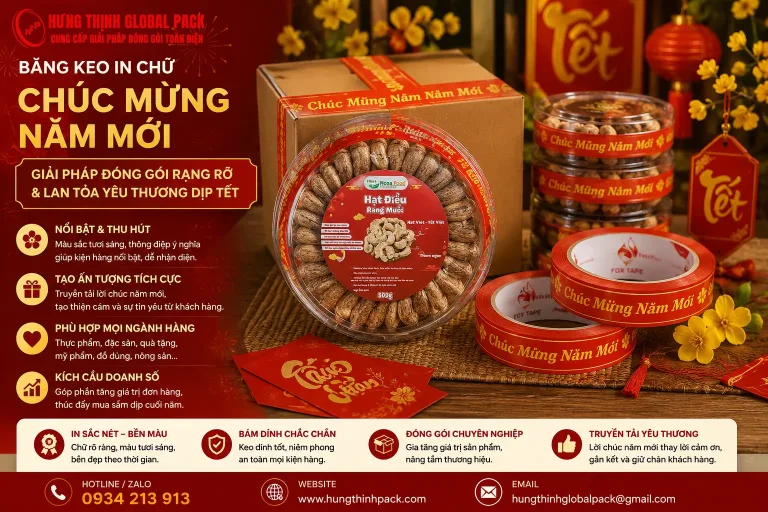 Băng keo in “Chúc Mừng Năm Mới” giúp đóng gói quà Tết nổi bật, truyền tải lời chúc ý nghĩa và nâng cao hình ảnh thương hiệu dịp đầu năm.