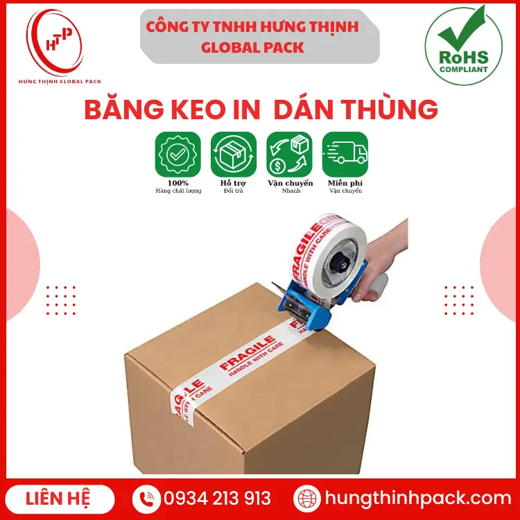 Băng keo in dán thùng carton logo thương hiệu niêm phong hàng hóa Hưng Thịnh Pack