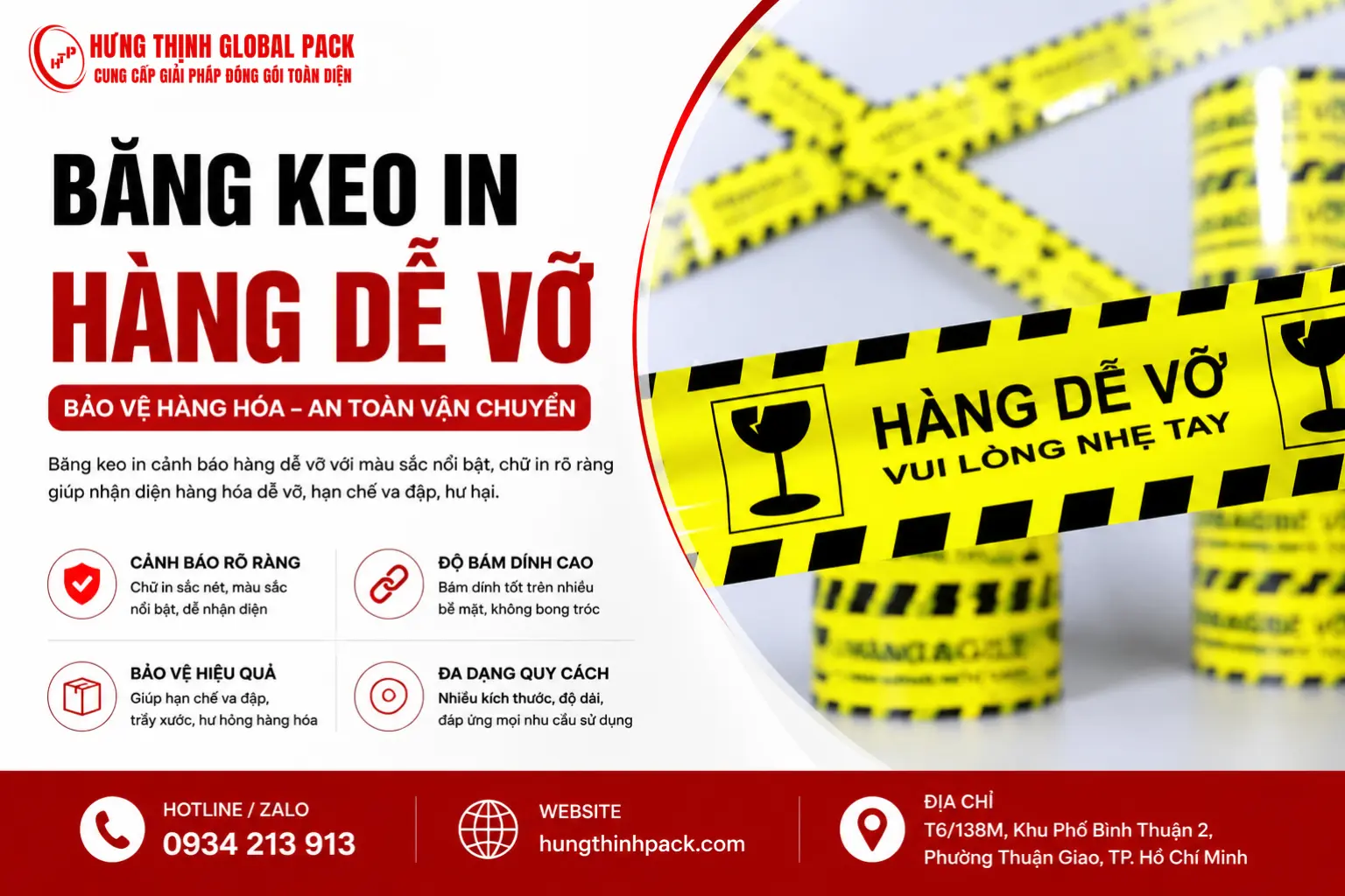 Băng keo in hàng dễ vỡ màu vàng cảnh báo đóng gói hàng hóa dễ vỡ an toàn