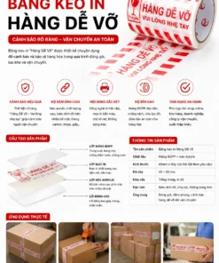 Băng keo in hàng dễ vỡ màu đỏ trắng, băng keo cảnh báo Fragile dùng cho đóng gói và vận chuyển hàng hóa an toàn.