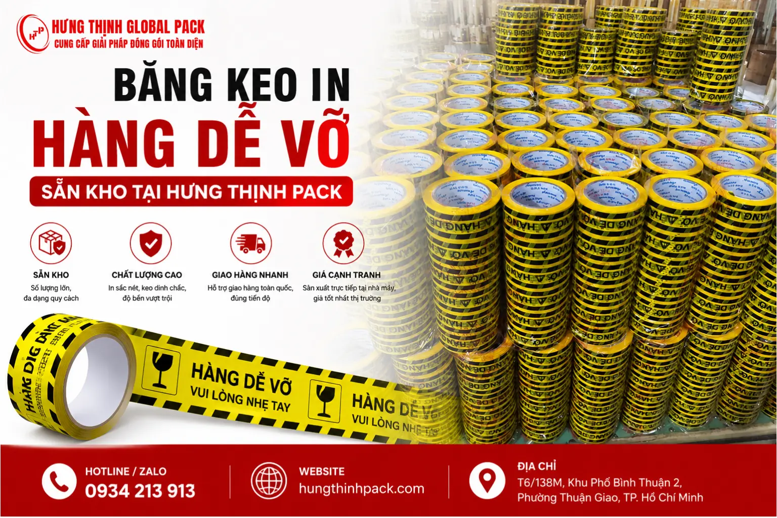 Băng keo in hàng dễ vỡ sẵn kho số lượng lớn tại Hưng Thịnh Pack