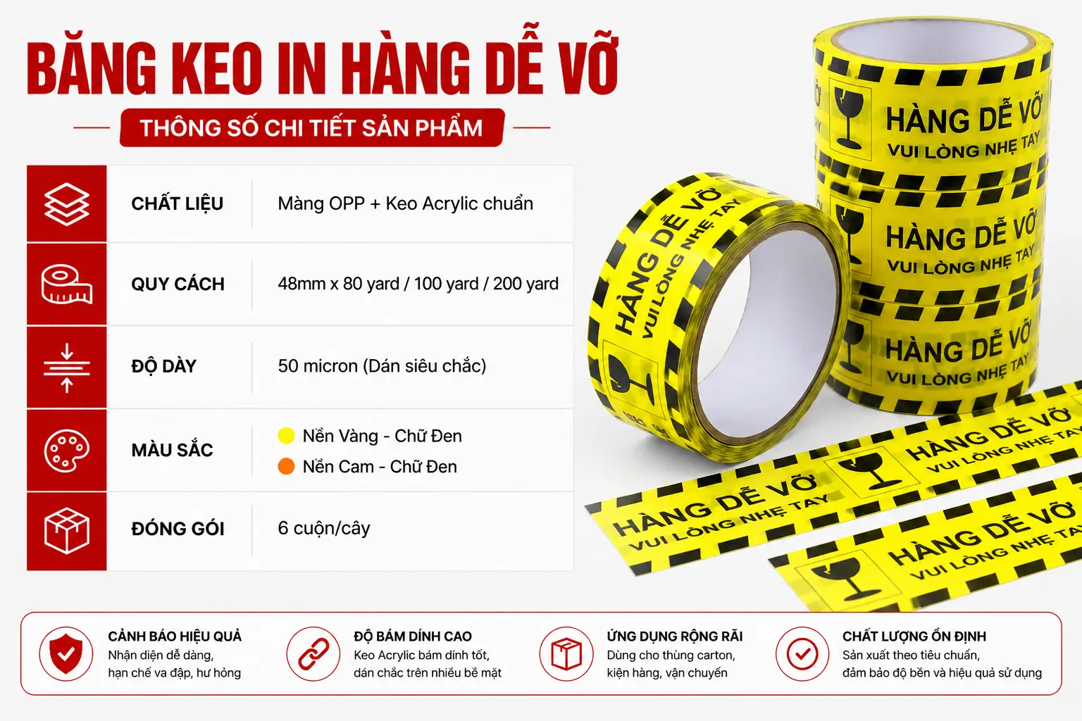thông số kỹ thuật băng keo in hàng dễ vỡ cảnh báo đóng gói vận chuyển