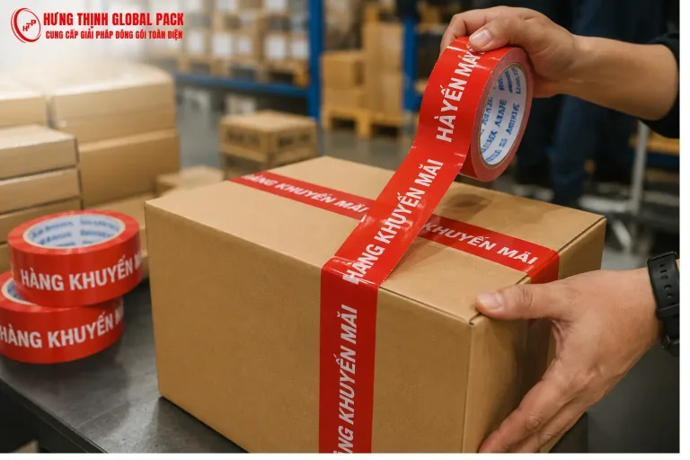 Băng keo in “Hàng khuyến mãi” giúp doanh nghiệp niêm phong thùng carton chắc chắn, phân biệt hàng ưu đãi nhanh và truyền tải thông điệp khuyến mãi rõ ràng khi giao hàng.
