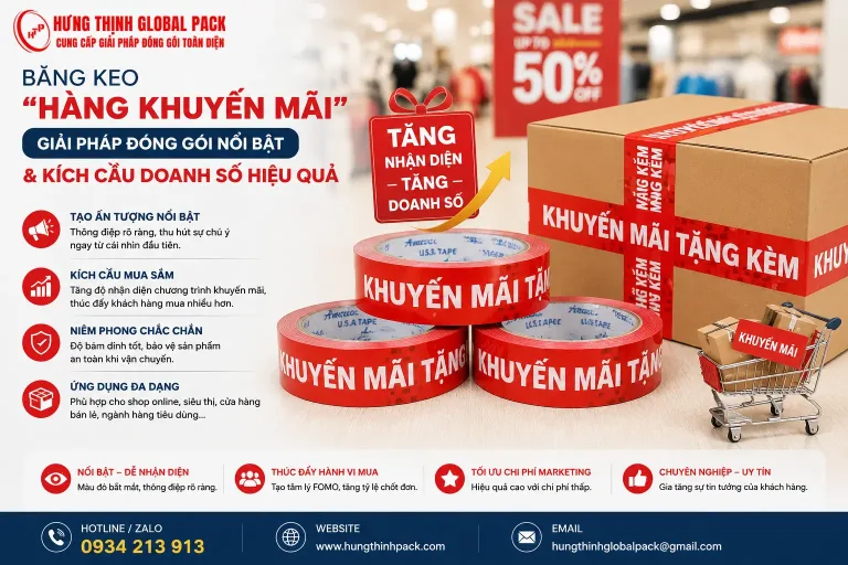 Băng keo in “Hàng Khuyến Mãi” giúp làm nổi bật kiện hàng ưu đãi, tăng nhận diện chương trình và hỗ trợ doanh nghiệp kích cầu mua sắm hiệu quả.