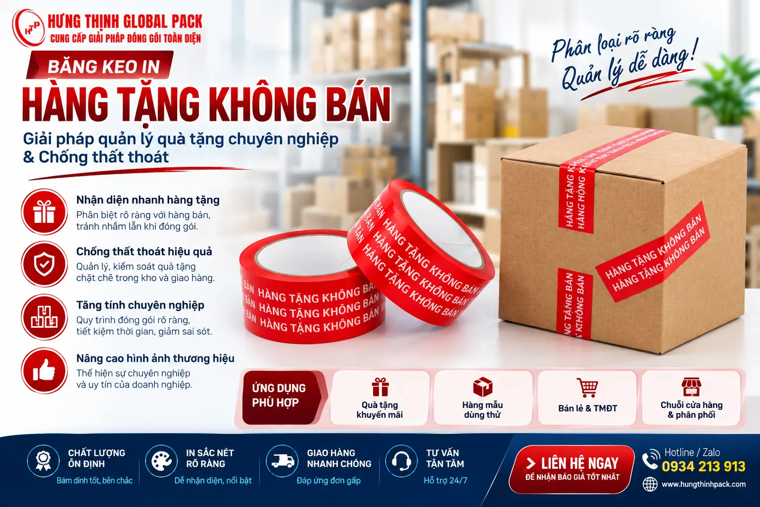 Băng keo in HÀNG TẶNG KHÔNG BÁN giúp doanh nghiệp phân loại quà tặng, kiểm soát hàng khuyến mãi và hạn chế thất thoát trong kho.