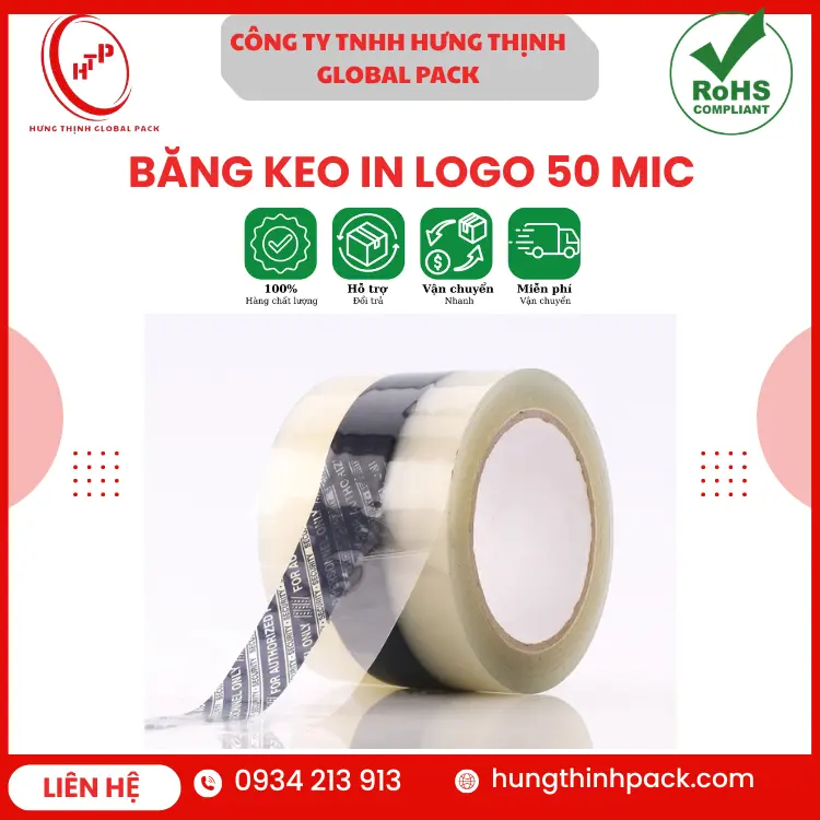 Băng keo in logo 50 mic đạt chuẩn RoHS bảo vệ và định vị thương hiệu doanh nghiệp