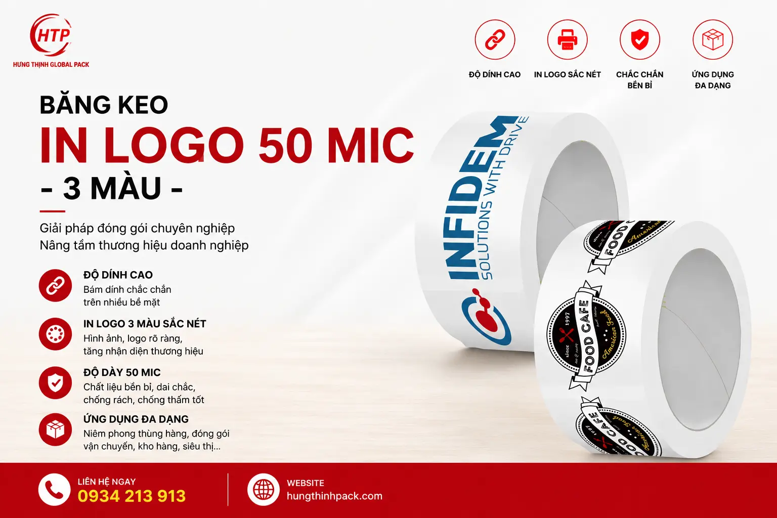 Băng keo in logo 50 mic 3 màu chất lượng cao dùng đóng gói thùng carton và quảng bá thương hiệu doanh nghiệp