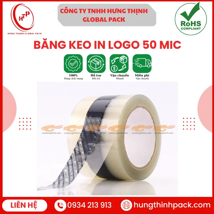 Băng keo in logo 50 mic sắc nét – Hưng Thịnh Global Pack
