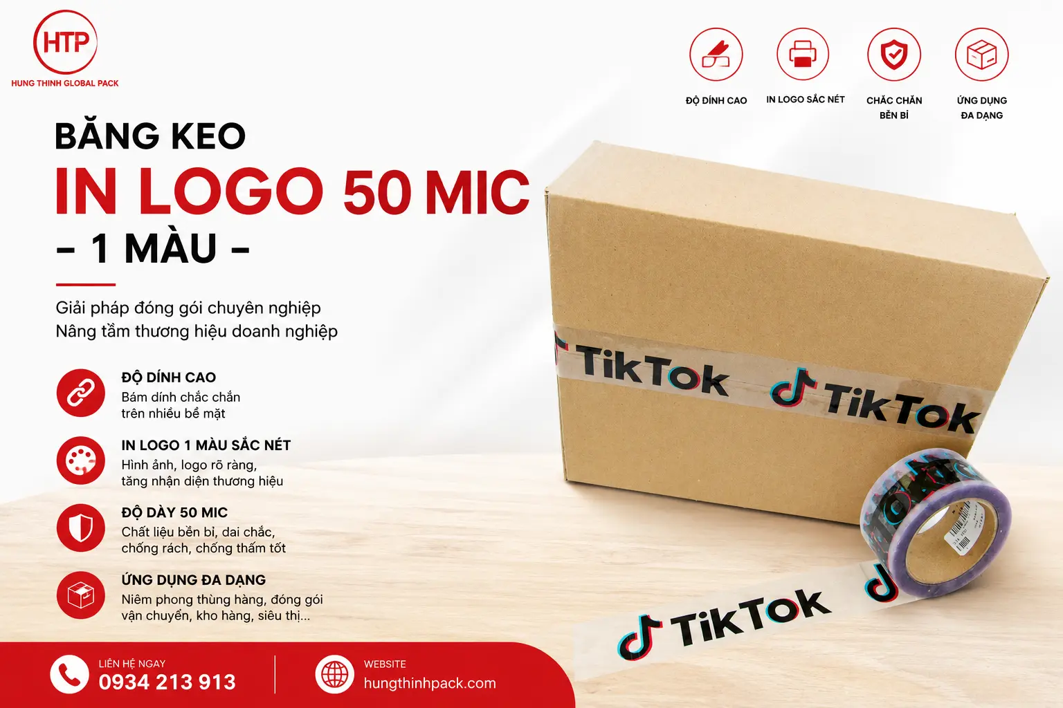 Băng keo in logo 50 mic 1 màu TikTok dán thùng carton đóng gói hàng hóa chuyên nghiệp