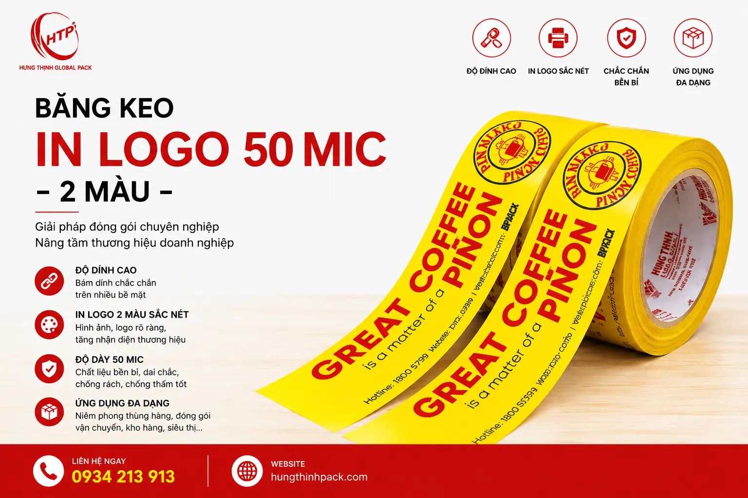 Băng keo in logo 50 mic 2 màu Great Coffee Pinon nền vàng in đỏ sắc nét