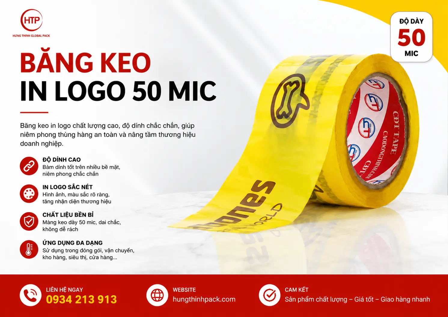 Băng keo in logo 50 mic màu vàng dùng niêm phong thùng hàng và đóng gói chuyên nghiệp