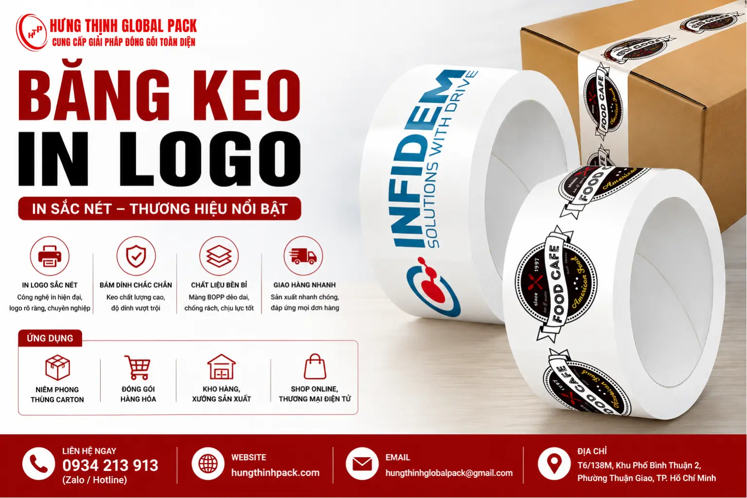 Băng keo in logo theo yêu cầu dùng niêm phong thùng carton và quảng bá thương hiệu tại Hưng Thịnh Global Pack.