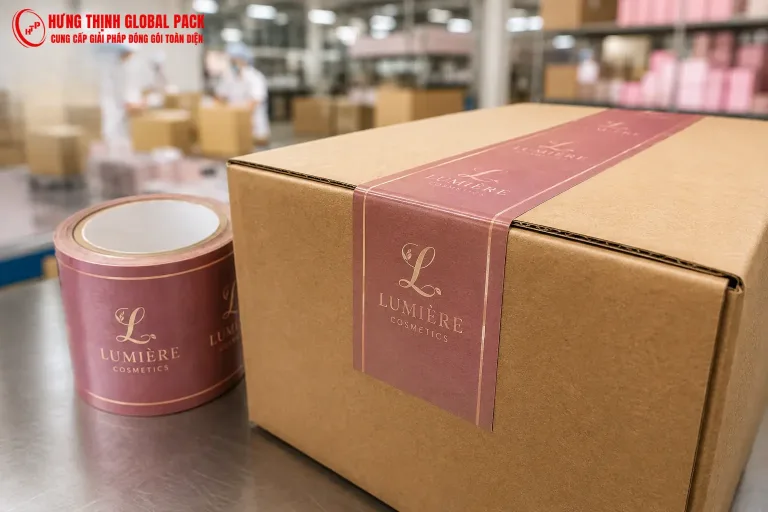 Băng keo in logo ngành mỹ phẩm 48mm với hình ảnh sắc nét, màu sắc sang trọng giúp niêm phong thùng carton chắc chắn và tăng nhận diện thương hiệu khi giao hàng.