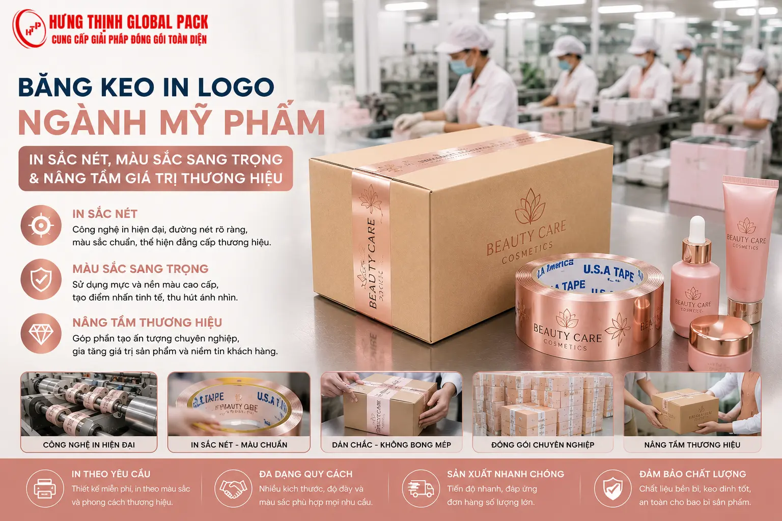 Băng keo in logo ngành mỹ phẩm với tông màu Rose Gold sang trọng giúp in sắc nét, tăng nhận diện thương hiệu và nâng tầm giá trị bao bì. Giải pháp lý tưởng cho nhà máy mỹ phẩm, skincare, spa và doanh nghiệp làm đẹp tại Việt Nam.
