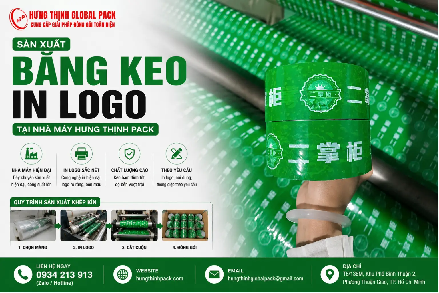 Băng keo in logo màu xanh sản xuất trực tiếp tại nhà máy Hưng Thịnh Pack chất lượng cao