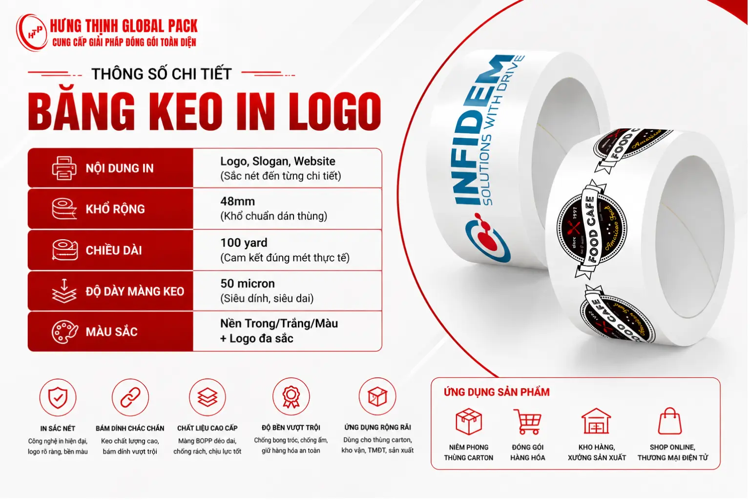 Thông số chi tiết băng keo in logo với màng OPP siêu dính, in logo sắc nét và khổ chuẩn dán thùng tại Hưng Thịnh Global Pack.