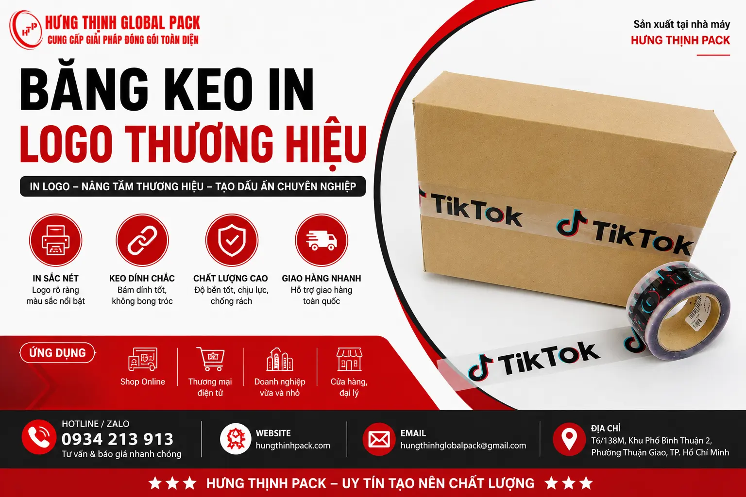 Băng keo in logo thương hiệu tại Hưng Thịnh Pack với logo TikTok in sắc nét trên thùng carton