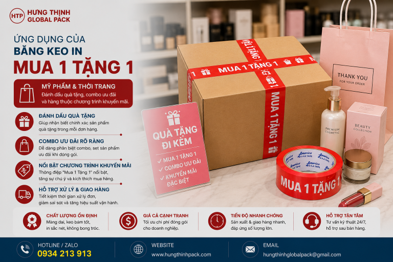 Băng keo in “Mua 1 Tặng 1” cho ngành mỹ phẩm và thời trang, giúp đánh dấu quà tặng, combo ưu đãi và hàng khuyến mãi khi đóng gói.