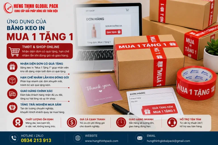 Băng keo in “Mua 1 Tặng 1” cho TMĐT và shop online giúp nhận diện đơn có quà tặng, hạn chế nhầm lẫn khi đóng gói và giao hàng.