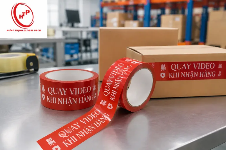 Băng keo in “Quay video khi nhận hàng” giúp niêm phong thùng carton, nhắc khách kiểm tra kiện hàng và hỗ trợ xử lý khi phát sinh khiếu nại giao nhận.