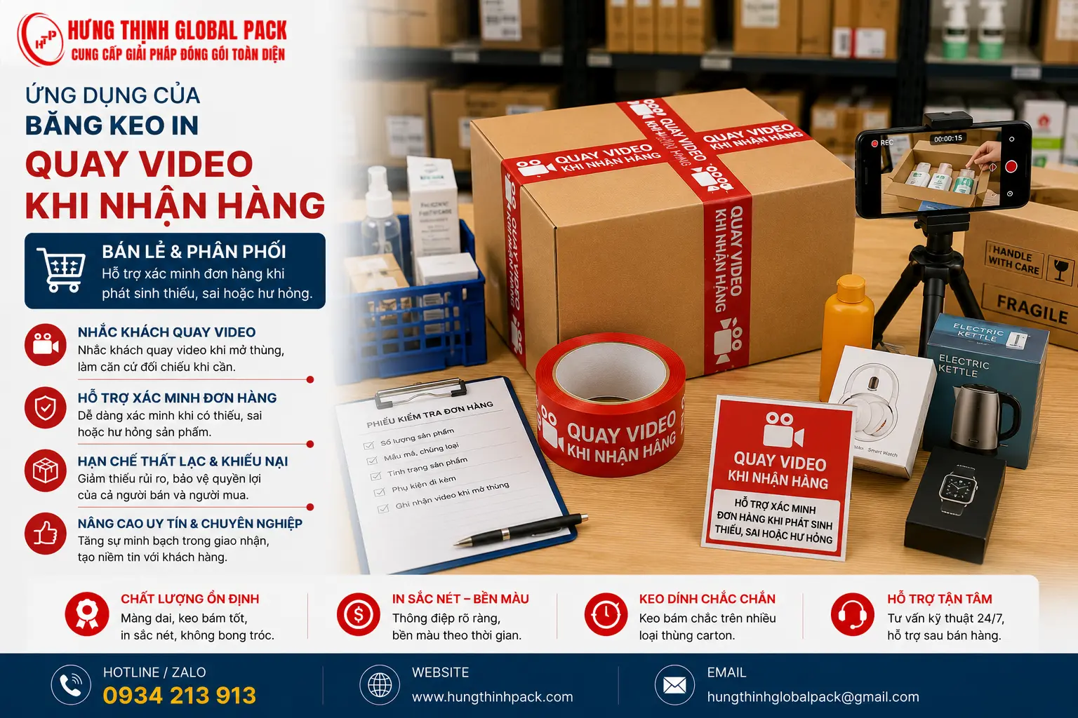 Băng keo in “Quay video khi nhận hàng” cho bán lẻ và phân phối giúp xác minh đơn hàng khi phát sinh thiếu, sai hoặc hư hỏng trong quá trình giao nhận.