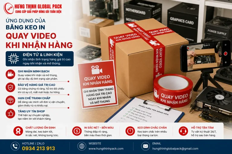 Băng keo in “Quay video khi nhận hàng” cho điện tử và linh kiện giúp ghi nhận tình trạng hàng giá trị cao khi mở kiện, hỗ trợ đối chiếu khi xảy ra sự cố.