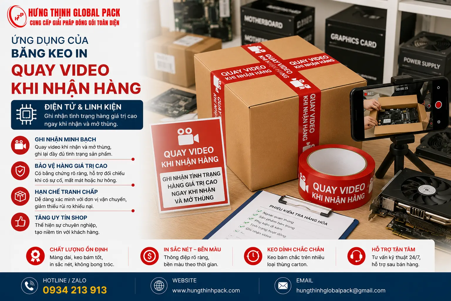 Băng keo in “Quay video khi nhận hàng” cho điện tử và linh kiện giúp ghi nhận tình trạng hàng giá trị cao khi mở kiện, hỗ trợ đối chiếu khi xảy ra sự cố.