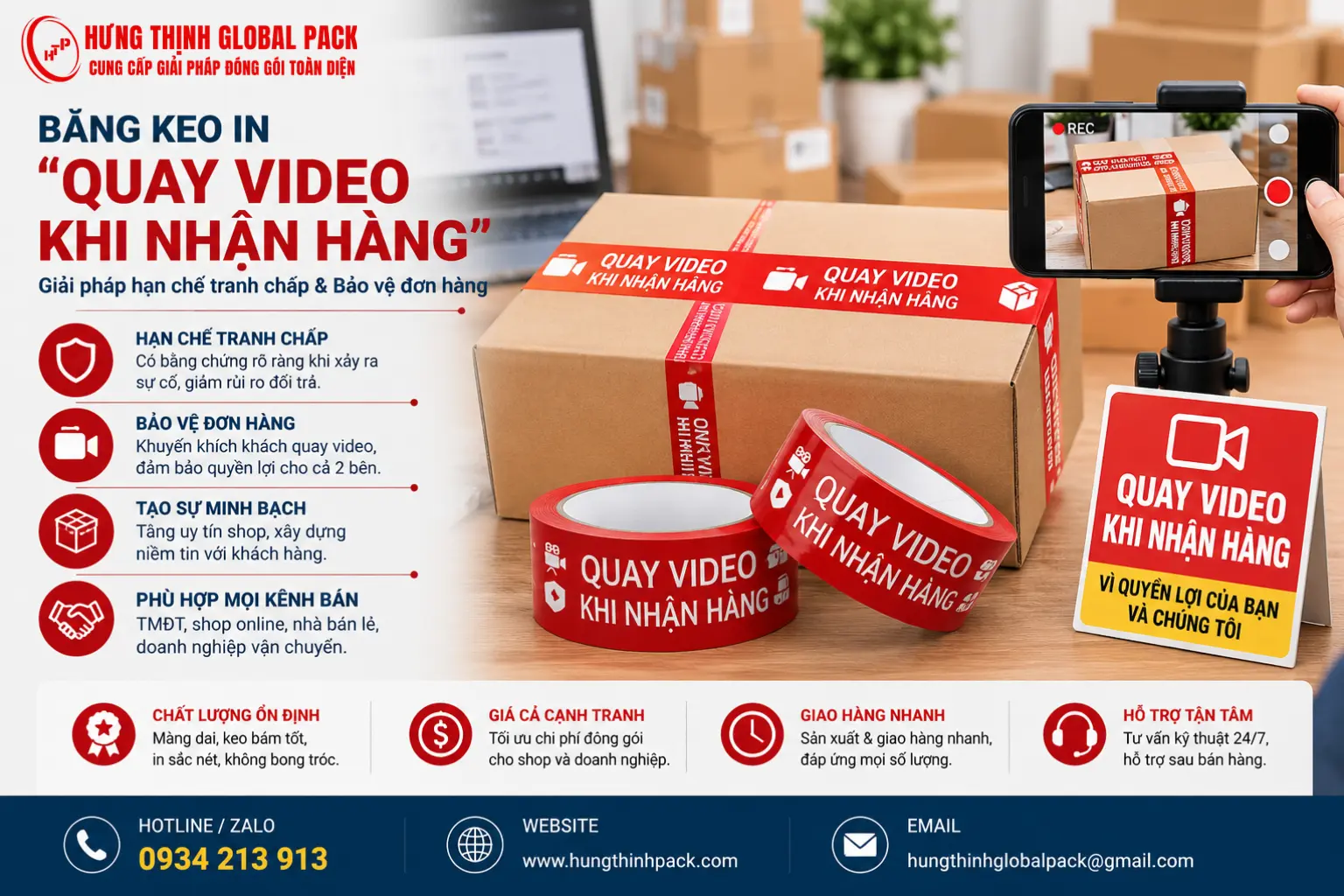 Băng keo in “Quay video khi nhận hàng” giúp nhắc khách ghi lại quá trình mở kiện, hỗ trợ hạn chế tranh chấp và bảo vệ đơn hàng khi giao nhận.