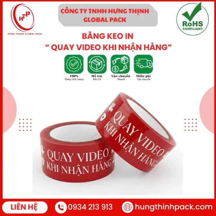 Băng keo in quay video khi nhận hàng Hưng Thịnh Global Pack in rõ nét, bám dính chắc, giúp hạn chế tranh chấp khi giao nhận
