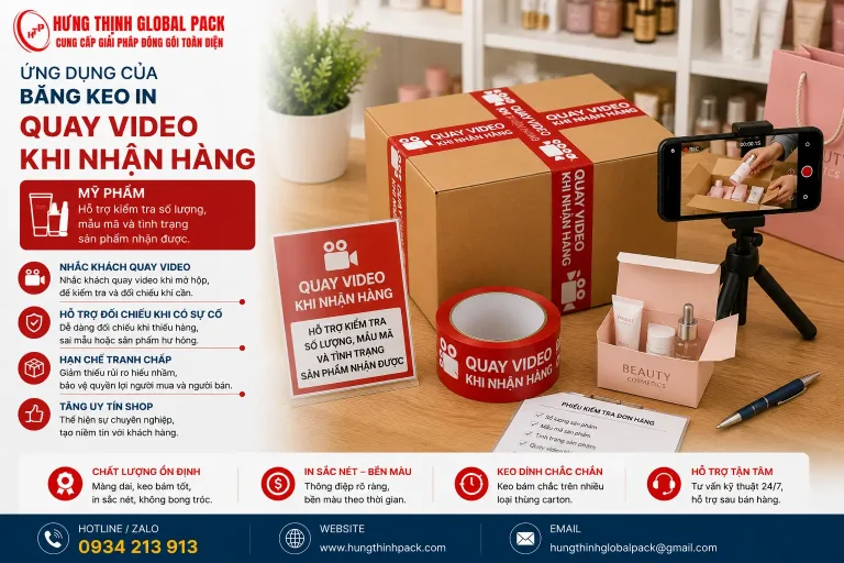 Băng keo in “Quay video khi nhận hàng” cho ngành mỹ phẩm giúp khách kiểm tra số lượng, mẫu mã và tình trạng sản phẩm, hỗ trợ đối chiếu khi có sự cố.