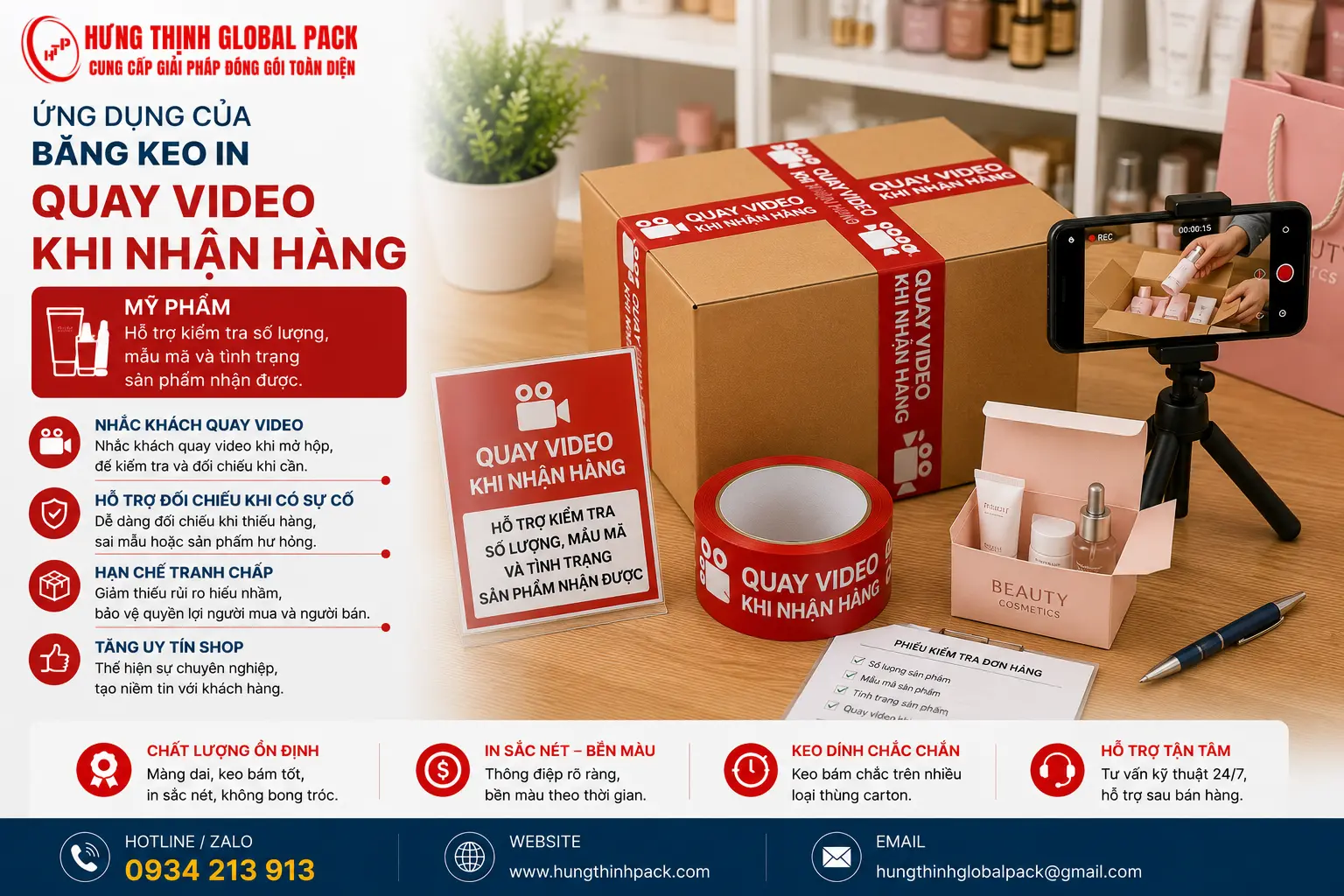 Băng keo in “Quay video khi nhận hàng” cho ngành mỹ phẩm giúp khách kiểm tra số lượng, mẫu mã và tình trạng sản phẩm, hỗ trợ đối chiếu khi có sự cố.