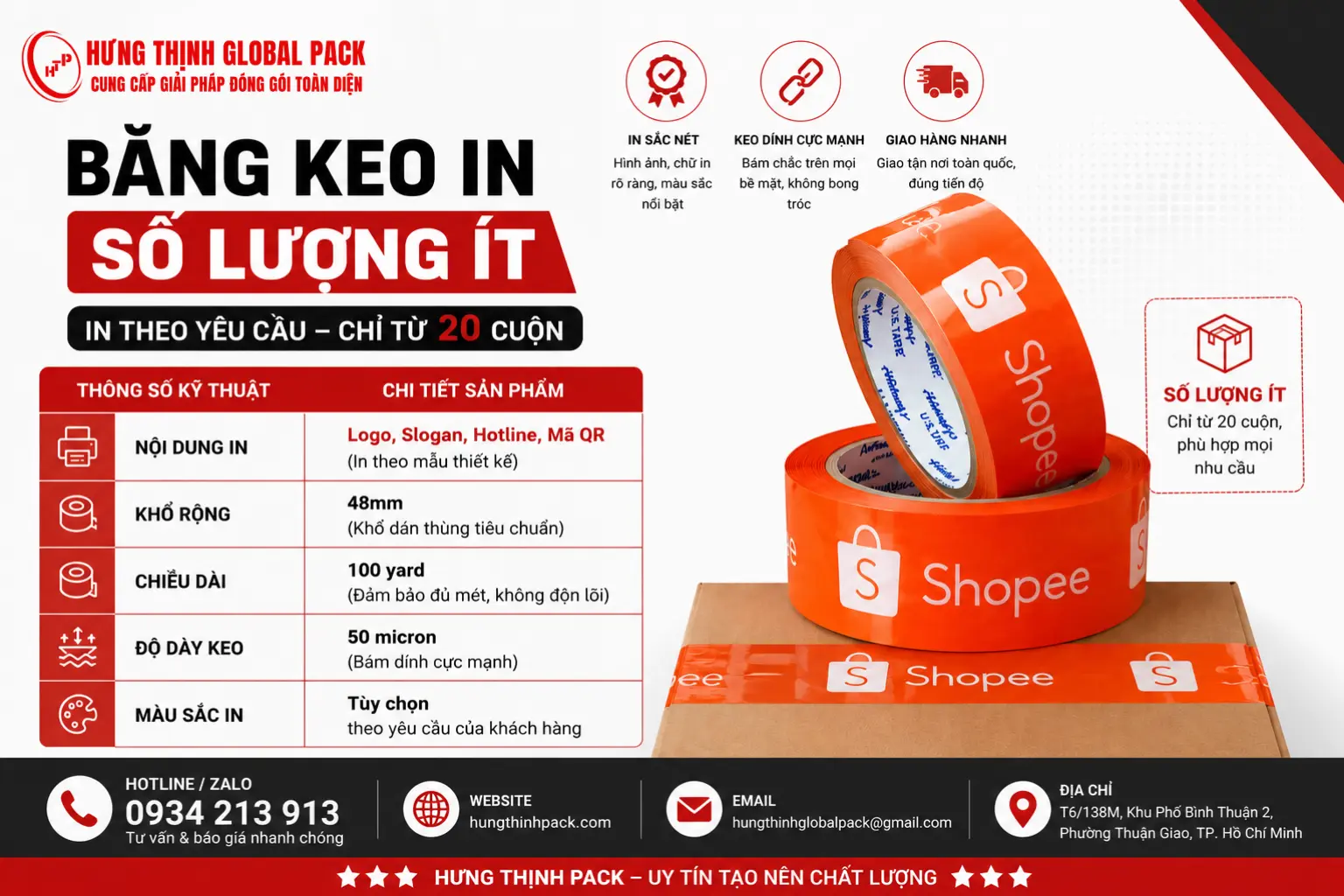 Băng keo in số lượng ít Shopee tại Hưng Thịnh Pack in logo và nội dung theo yêu cầu