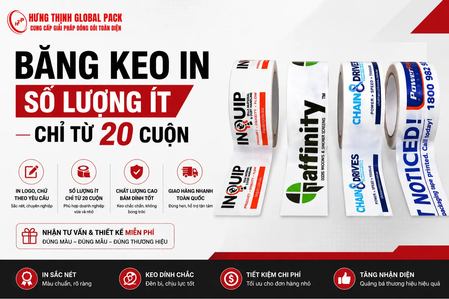 Băng keo in số lượng ít từ 20 cuộn tại Hưng Thịnh Pack in logo và chữ theo yêu cầu