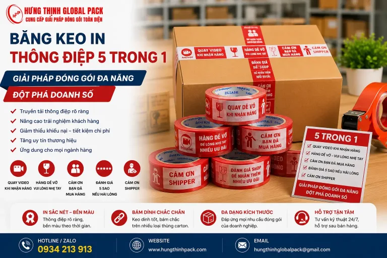 Băng keo in thông điệp 5 trong 1 tích hợp cảnh báo hàng dễ vỡ, quay video nhận hàng, cảm ơn khách, đánh giá 5 sao và cảm ơn shipper, giúp đóng gói chuyên nghiệp và tăng trải nghiệm khách hàng.