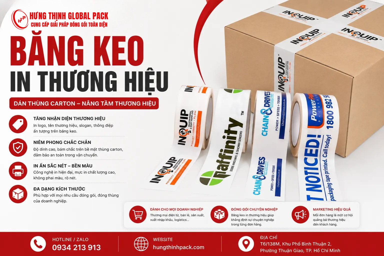 Băng keo in thương hiệu dán thùng carton giúp tăng nhận diện thương hiệu doanh nghiệp trong đóng gói và vận chuyển hàng hóa.