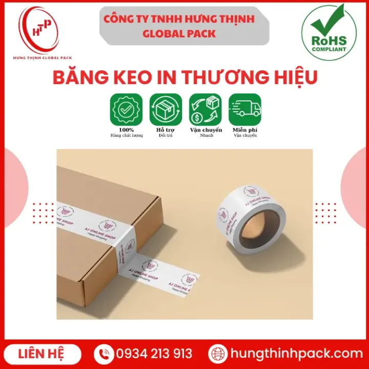 Băng keo in thương hiệu Hưng Thịnh Global Pack in logo sắc nét, bám dính tốt, giúp tăng nhận diện thương hiệu khi đóng gói