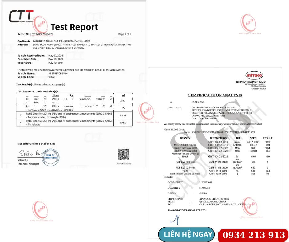 Chứng nhận chất lượng RoHS và SGS của sản phẩm tại Hưng Thịnh Global Pack