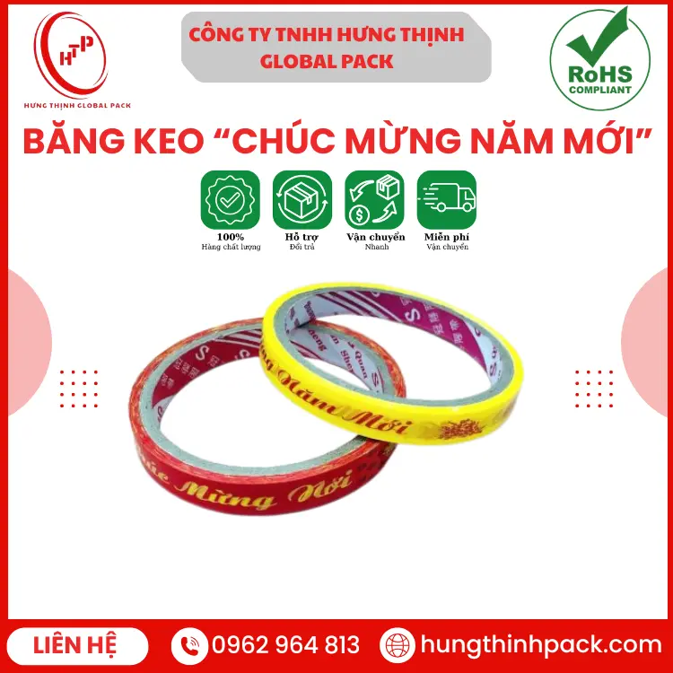 Băng keo in chữ Chúc mừng năm mới Hưng Thịnh Global Pack