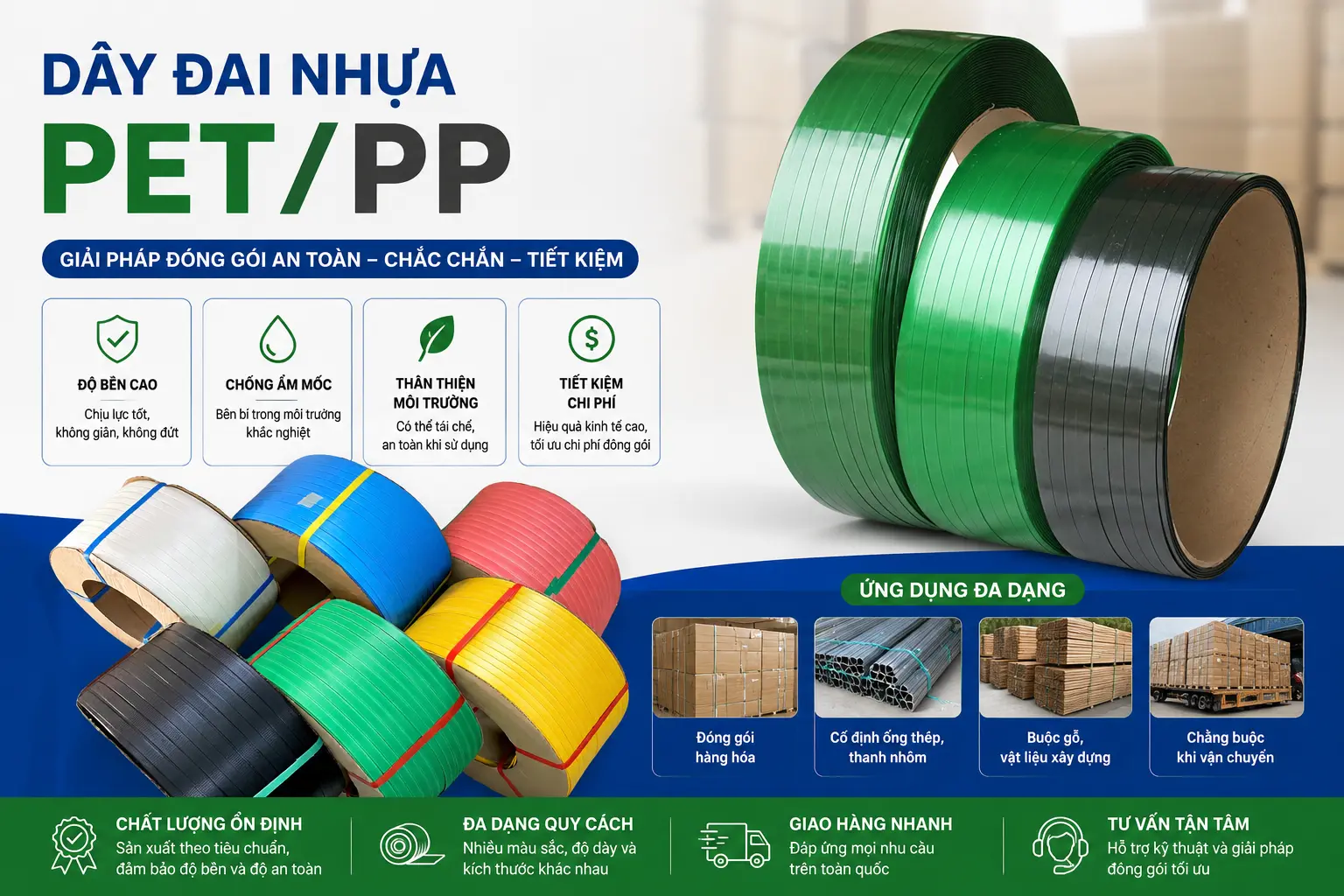 Dây đai nhựa PET PP công nghiệp nhiều màu dùng đóng gói và chằng buộc hàng hóa