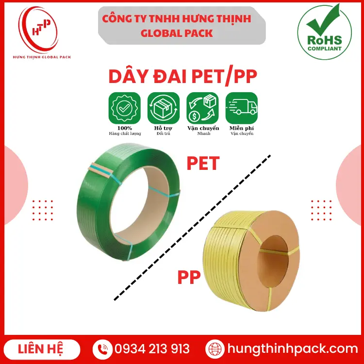Dây đai PET/PP Hưng Thịnh Global Pack chịu lực tốt, độ bền cao, dùng cố định hàng hóa trên pallet và trong vận chuyển