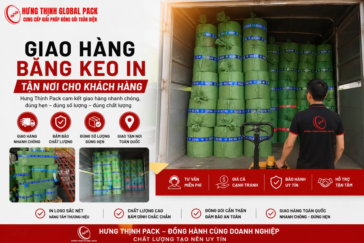 Giao hàng băng keo in tận nơi cho khách hàng tại Hưng Thịnh Global Pack với đóng gói chuyên nghiệp và vận chuyển toàn quốc