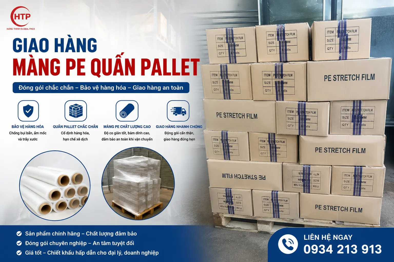 Giao hàng màng PE quấn pallet công nghiệp đóng thùng carton chắc chắn, bảo vệ hàng hóa an toàn khi vận chuyển.