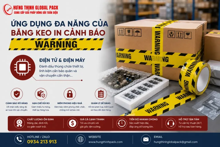 Lợi ích băng keo warning cảnh báo ngành điện tử điện máy Hưng Thịnh Pack giúp bảo vệ thiết bị linh kiện cẩn thận
